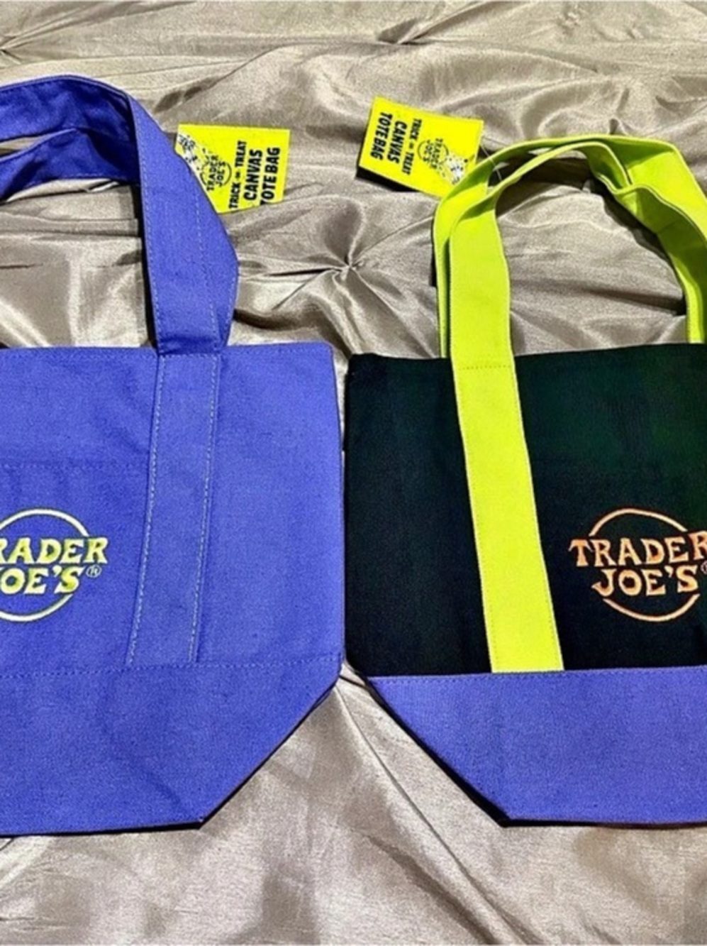 Trader Joe's Trick-or-Treat Mini Canvas Tote Bag Purple & Green, Black and Green